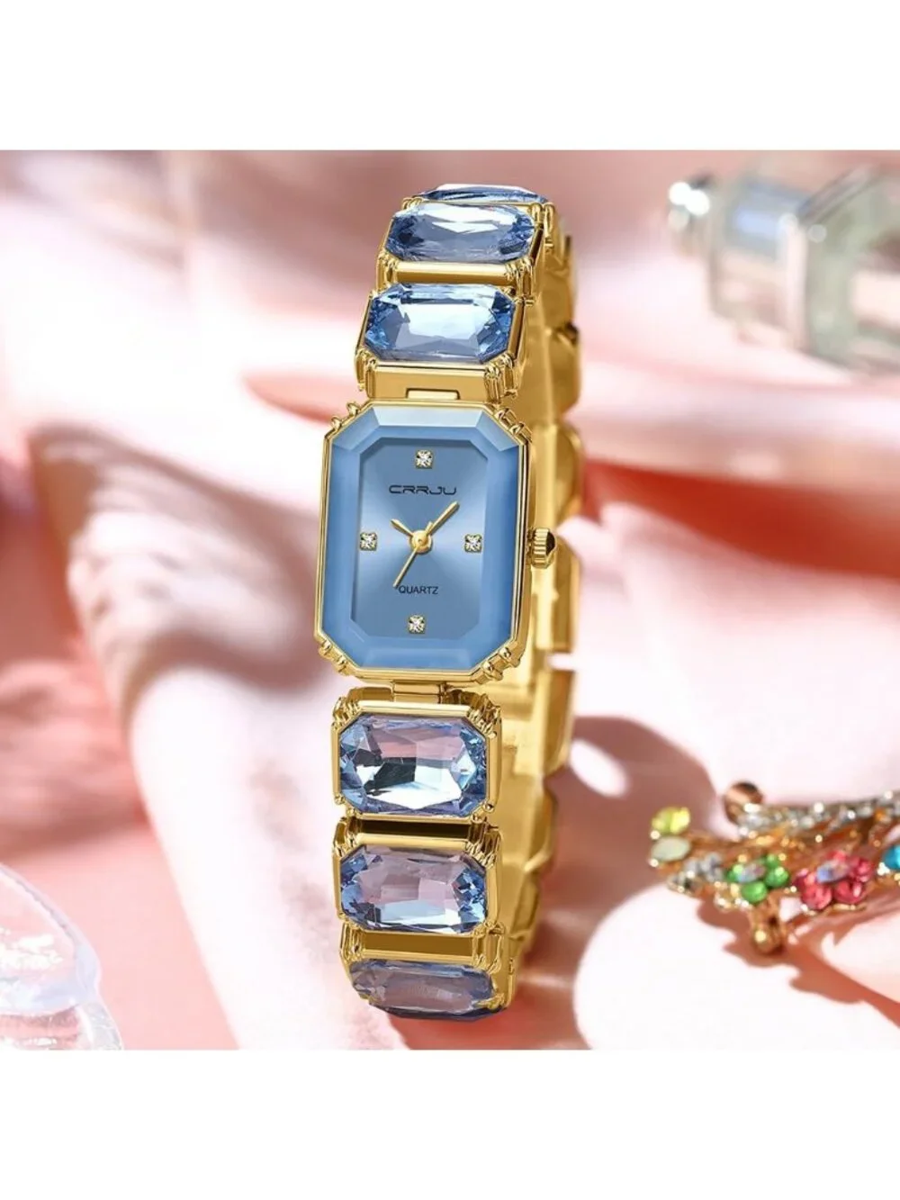 Women's Blue Ladies Square Crystal Quartz Fashion Luxury Movement Wrist Watch